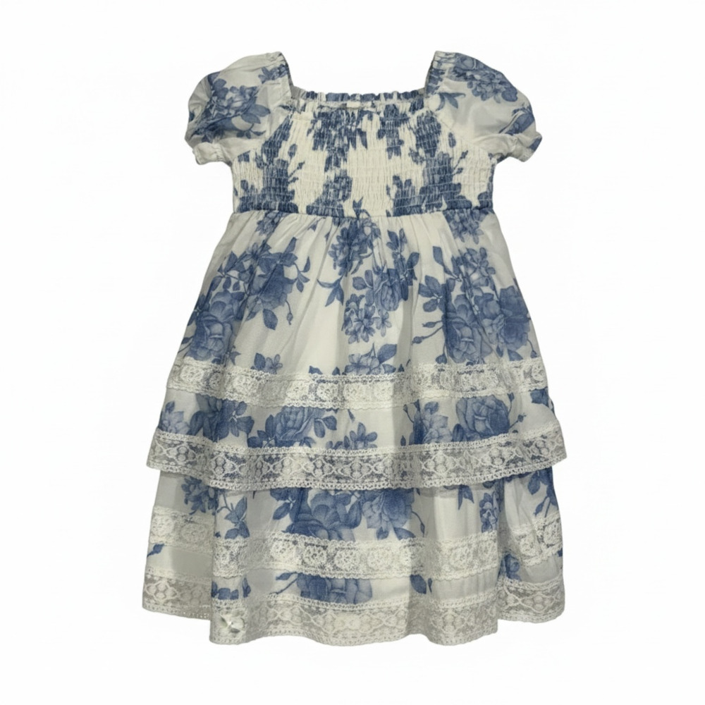 Rare Editions Girls Blue Floral Toile Smocked Tiered Lace Dress Size 3T
